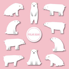 背景がピンク色のいろんなポーズのシロクマのイラストセット影付き