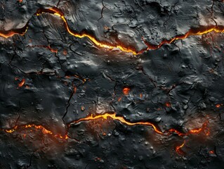 A black and orange lava rock with a crack in it