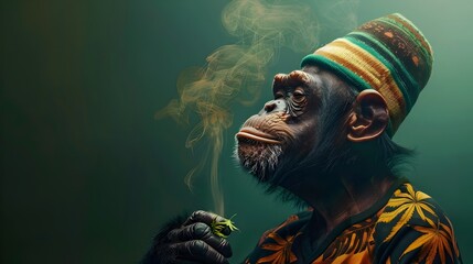 Surreal Portrait of Cannabis Infused Chimpanzee in Reggae Attire Against Green Background