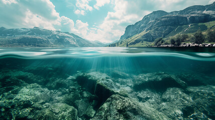 Double exposure underwater rocky and mountain. Landscapes photography.