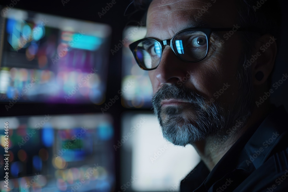 Poster hacker in front of multiple computer screens, closeup, dark room, highlighting intense focus, techno