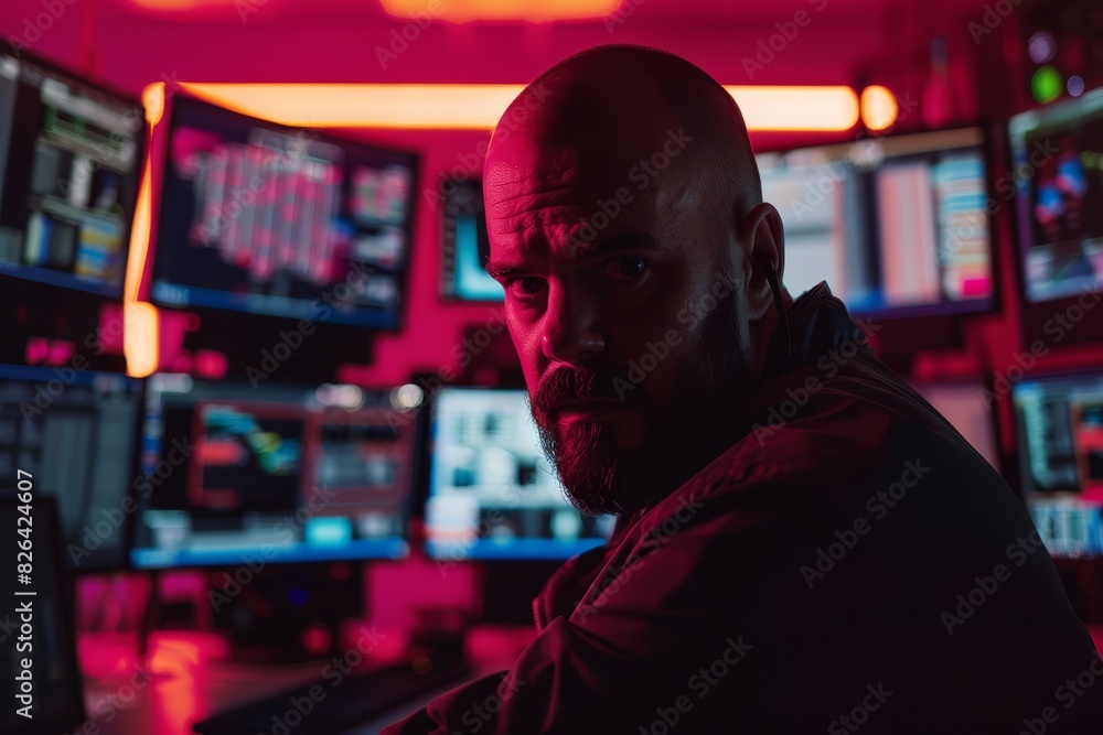 Poster hacker in front of multiple computer screens, closeup, dark room, highlighting intense focus, techno