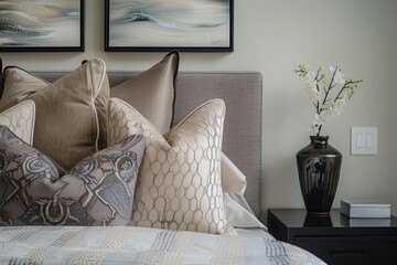 Decorate a decorative frame on the headboard of your bed. The warm color scheme is filled with modern and luxurious design elements, featuring deep maroon wood floors and walls decorated with black co