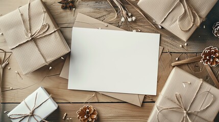 Top view image of a blank greeting card with a kraft paper envelope, pine cones, and a gift wrapped in brown paper. - Powered by Adobe