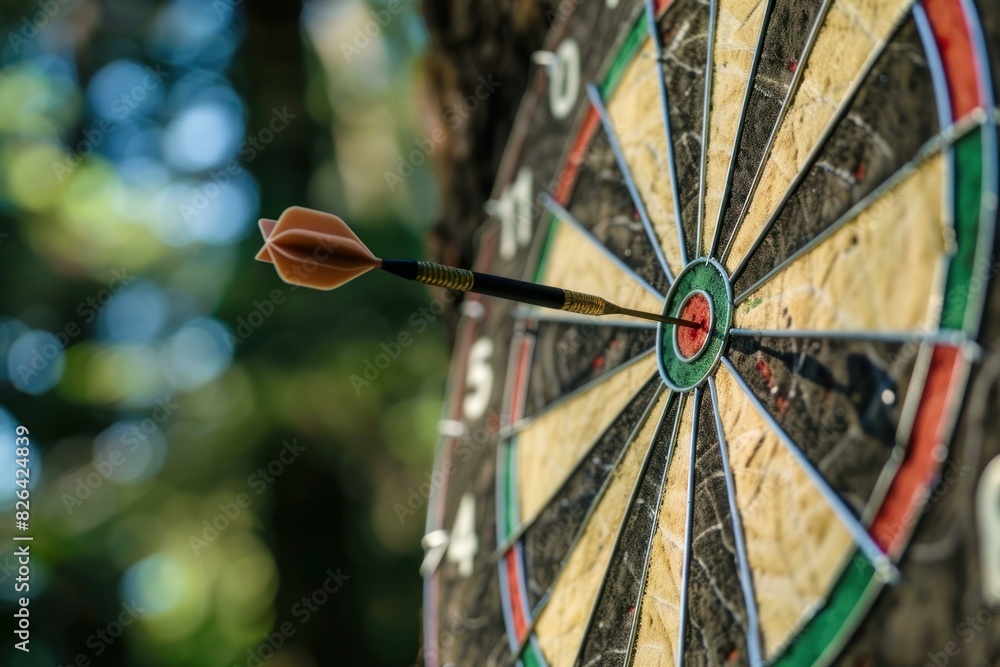 Poster closeup of a dart stuck in the bullseye of a dartboard, symbolizing accuracy and success