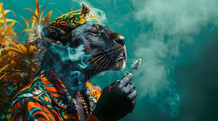 Surreal of Cannabis Infused Panther in Tribal Reggae Attire Enjoying Dabs on Emerald Green Background