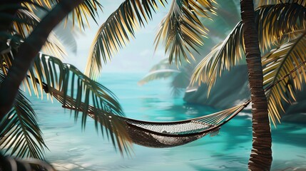 Palm trees framing a hammock, turquoise water beyond, closeup, peaceful retreat, photorealistic, Double exposure, tropical resort backdrop