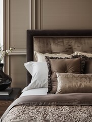 Decorate a decorative frame on the headboard of your bed. The warm color scheme is filled with modern and luxurious design elements, featuring deep maroon wood floors and walls decorated with black co