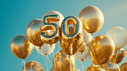 Golden number 50 balloons surrounded by golden balloons against a blue sky, concept of celebration