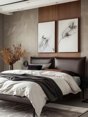 Decorate a decorative frame on the headboard of your bed. The warm color scheme is filled with modern and luxurious design elements, featuring deep maroon wood floors and walls decorated with black co
