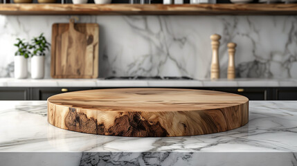 Kitchen podium background food product stand table pedestal display wooden platform and marble	
