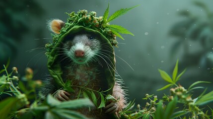 Whimsical Opossum Dressed in Marijuana Themed Reggae Attire Amid Lush Greenery