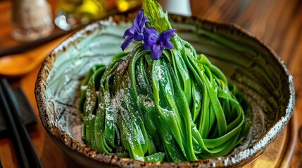   A close-up of a bowl of food with green beans and a purple flower on top of the bowl - Powered by Adobe