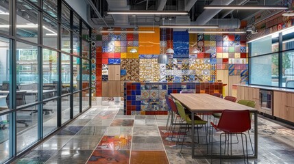 A unique office space enhanced by a backdrop of multi-color ceramic subway tiles, complemented by artistic patterned ceramic inserts.