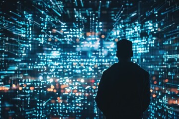 Silhouette of a person standing before a vibrant network of digital lights representing data streaming - Powered by Adobe