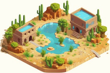 3D rendered desert oasis with ancient buildings, water features, cacti, and greenery in a vibrant, stylized illustration.