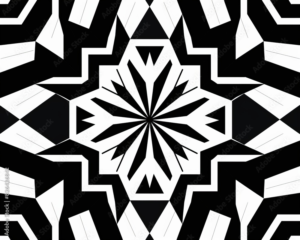 Poster abstract black and white geometric pattern with a kaleidoscope effect, creating a modern and bold vi