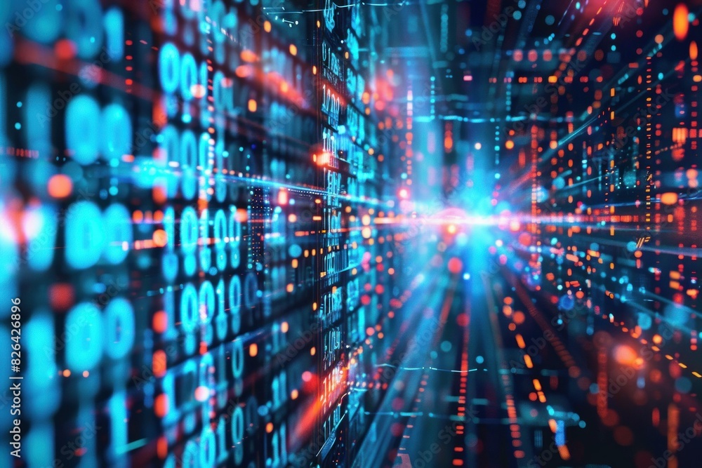 Poster abstract background of a vibrant 3d digital tunnel with flowing binary code