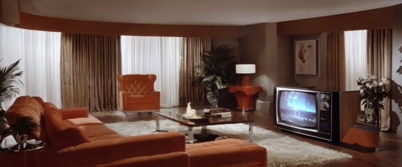 A retro styled living room with vintage furniture and a classic TV set, epitomizing 1970s home decor.