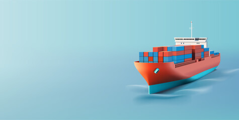 3D cargo ship with containers in the sea. Realistic cargo ship for international trade and goods delivery design concepts. Vector