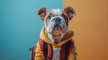 Adorable Bulldog Puppy in Kindergarten School Uniform on Plain Background