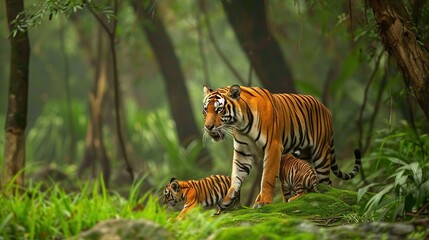 Obraz premium A mother tiger walks with her two cubs through a dense forest of tall grass and leafy trees