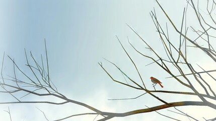   A red bird sits on a high tree branch with another bird perched nearby