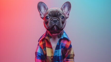 Surreal of a Playful French Bulldog Puppy in Kindergarten School Uniform on Colorful Background