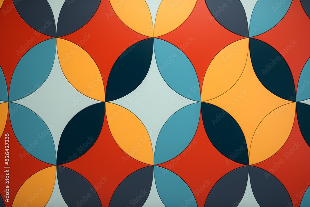 Poster colorful geometric pattern with overlapping circles in vibrant shades of red, orange, blue, and yell