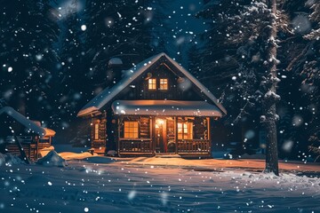 An inviting snow-covered winter cabin.
