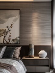 Decorate a decorative frame on the headboard of your bed. The warm color scheme is filled with modern and luxurious design elements, featuring deep maroon wood floors and walls decorated with black co