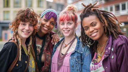 A group of diverse women standing together, smiling and looking at the camera in an urban setting. They have different hairstyles like dreadlocks or short blonde hair with bangs. The woman on their - Powered by Adobe