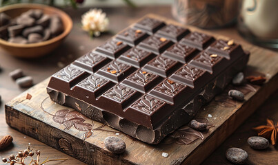a dark chocolate bar is on a wooden board with a flower pot on it.