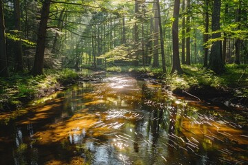 Obraz premium A tranquil forest scene with sunlight filtering through the trees onto a peaceful stream, casting dancing shadows on the water.