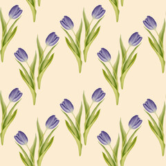 Watercolor tulip floral seamless pattern. Hand drawn elegant purple spring flowers on pastel beige background. Floral repeat design with realistic botanical illustrations for textile, home decor