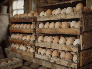 Rows of Brown Eggs in Wooden Trays