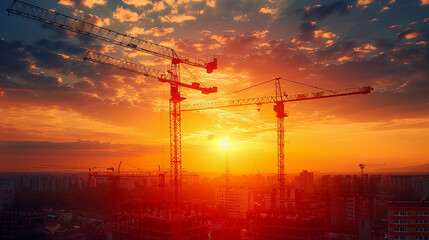 Naklejka premium Silhouette of Construction Cranes Against Red Sunset Sky