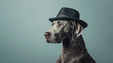 A sophisticated Weimaraner dog wearing a black hat is looking to the right of the frame. The dog is in focus and has a pensive expression on its face.