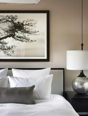 The hotel room has a large black and white tree painting on the wall, chandelier hanging above the bed, beige walls, minimalist style, beige carpet, high-end design sense, modern art decor by Wabisabi