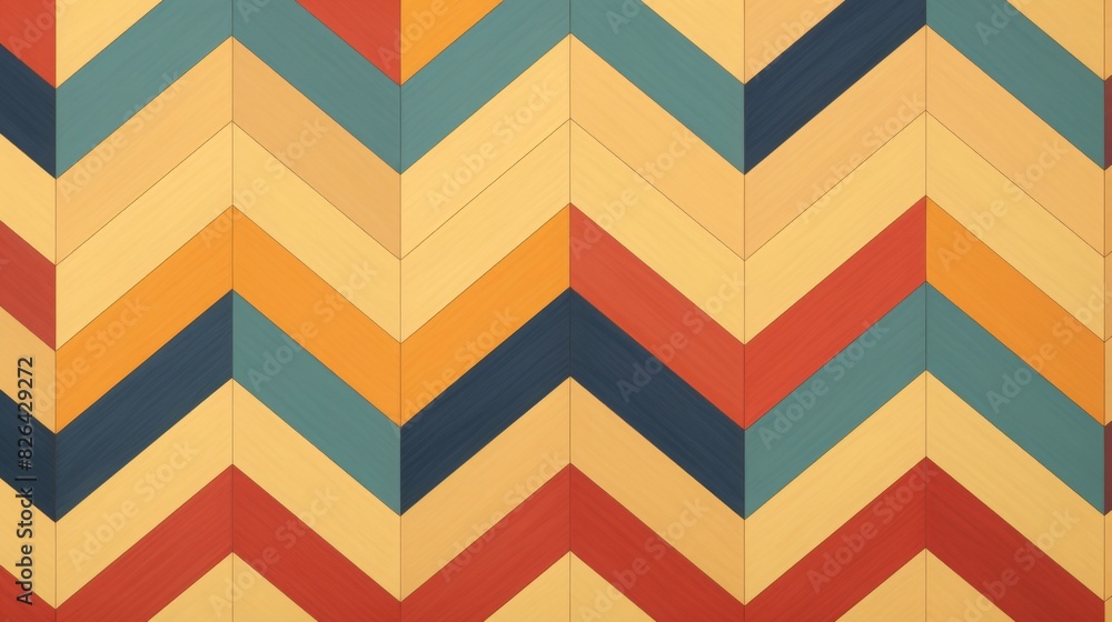 Poster colorful chevron pattern background with alternating shades of orange, blue, and yellow creating a v