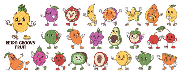 Retro groovy anthropomorphic cartoon fruits. Funny characters berries and fruits in trendy style. Vector stickers collection.