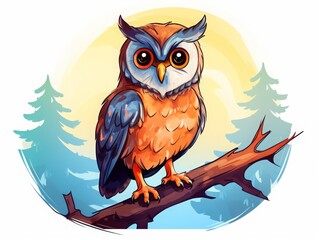 Obraz premium Colorful owl perched branch scenic background trees glowing sun.