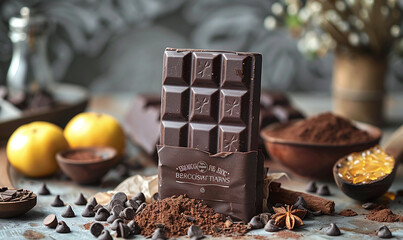 a chocolate bar made from selected chocolate lies on the table