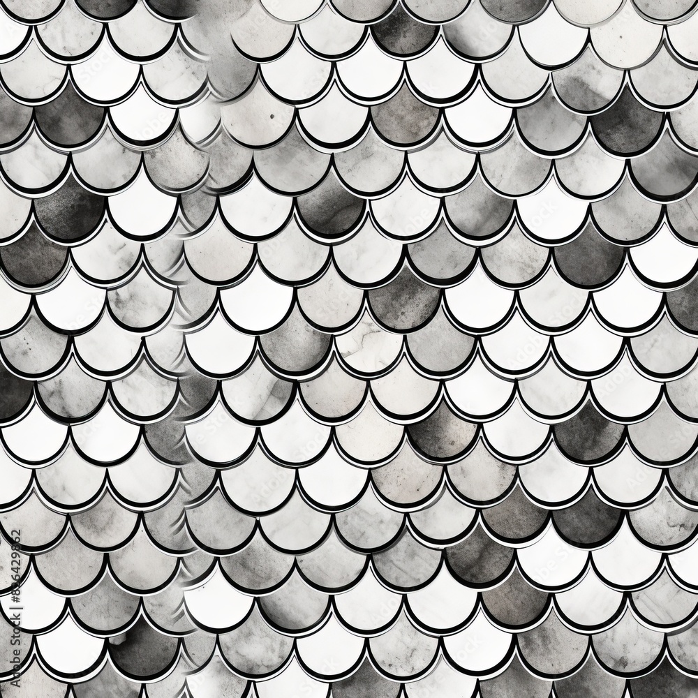 Poster monochrome abstract fish scale pattern background with black and white scales creating a textured, r