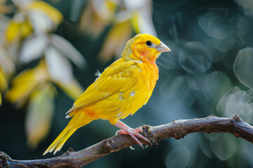 Enchanting Yellow Canary Perched on a Slender Branch, Radiating Joy and Charm with Its Vibrant Plumage in a Serene Natural Outdoor Habitat