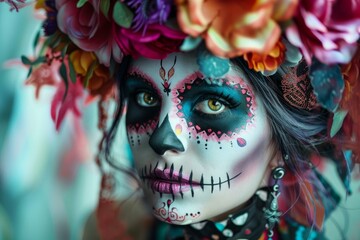 Woman with vibrant sugar skull makeup, representing day of the dead celebration