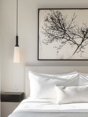 The hotel room has a large black and white tree painting on the wall, chandelier hanging above the bed, beige walls, minimalist style, beige carpet, high-end design sense, modern art decor by Wabisabi