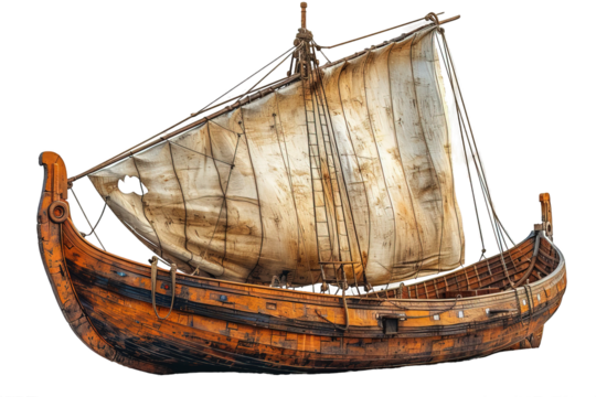 side view ancient Roman sailboat isolated on transparent background ,generative ai