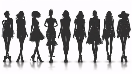 Silhouettes of fashion models in different outfits on a white background