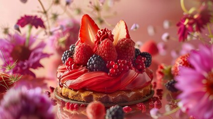 Delectable dessert garnished with fresh berries, including strawberries, raspberries, and blackberries, set against a backdrop of pink flowers and green foliage